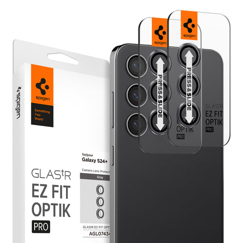 AGL07425 - Galaxy S24 Ultra Optik Pro EZ Fit Lens Protector in Black showing the camera lens protector hovering above another lens protector tray and device showing back
